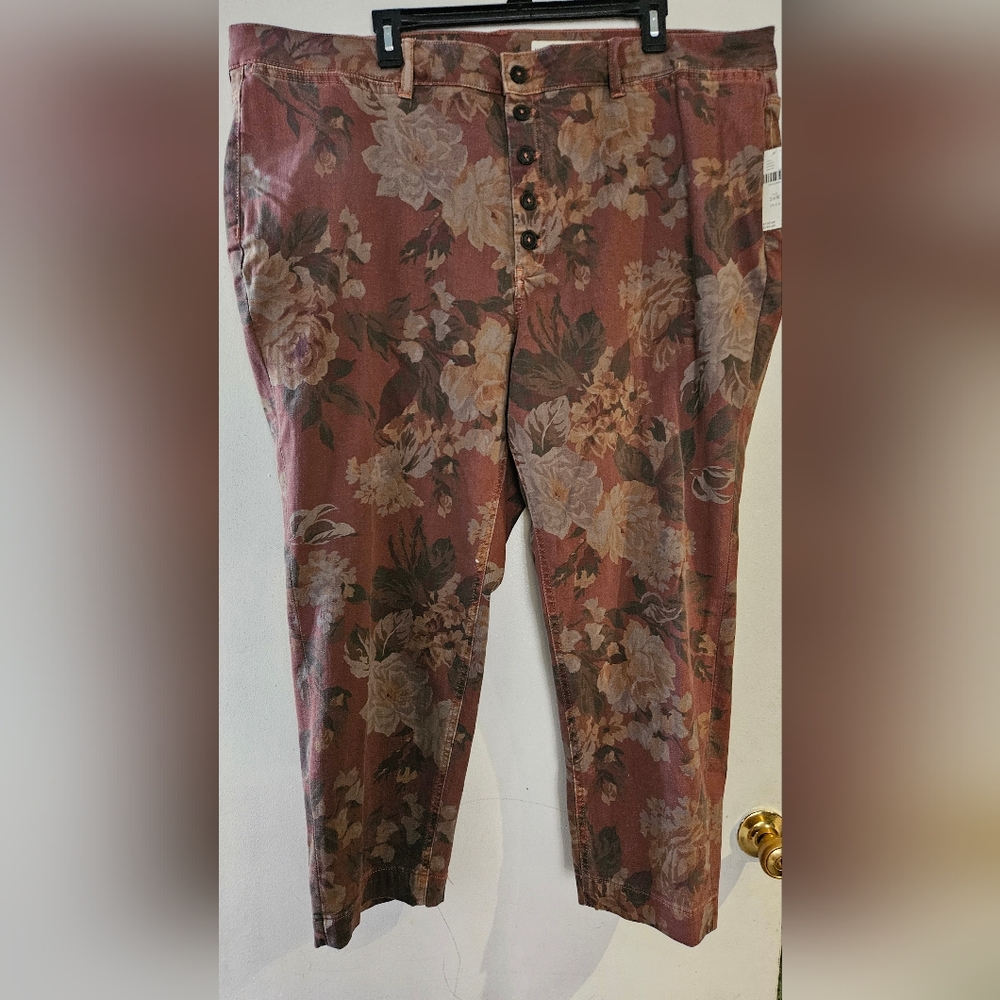 Anthropologie Floral Chinos in Burgundy and Beige